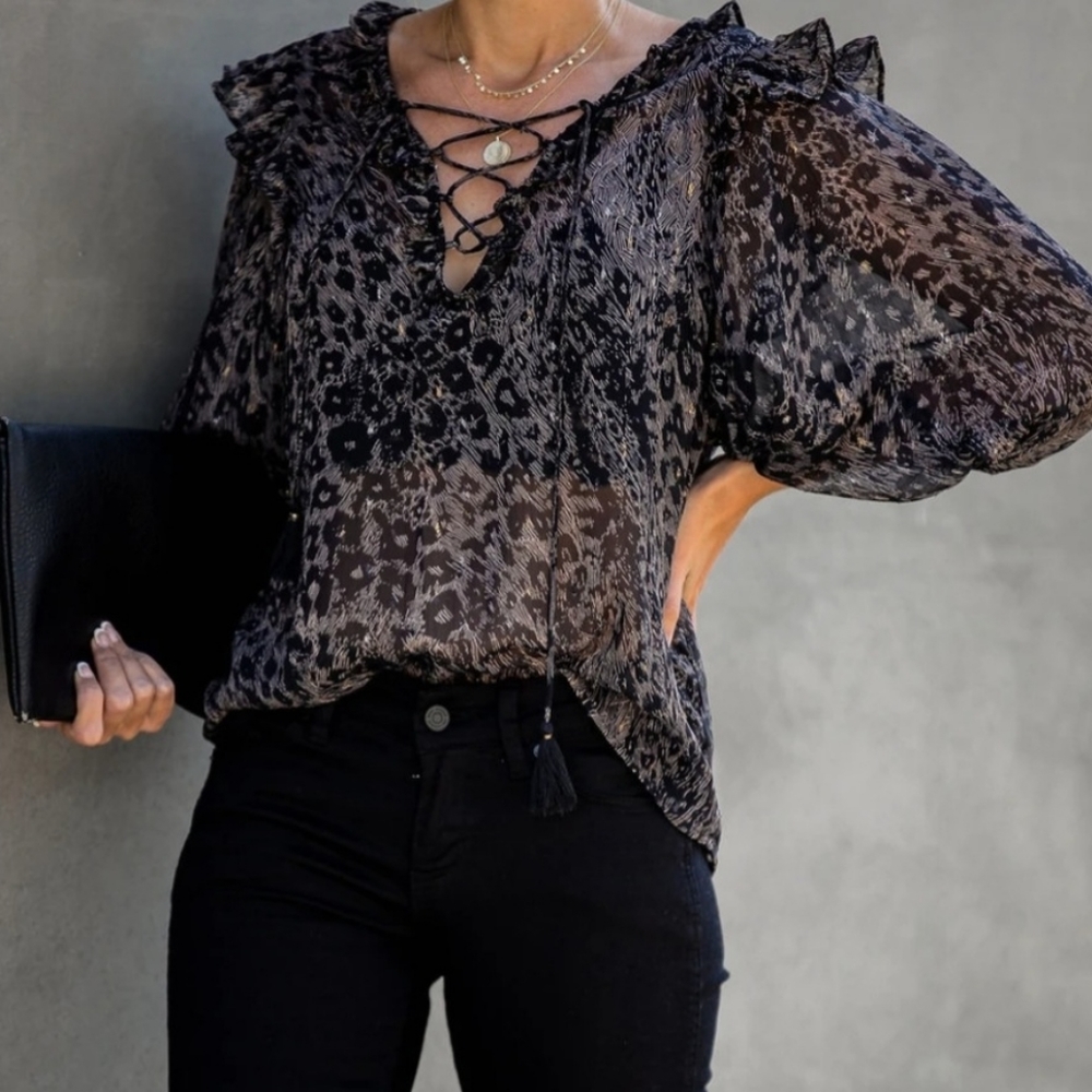 LOVESTITCH | Lace up animal print chiffon ruffle blouse